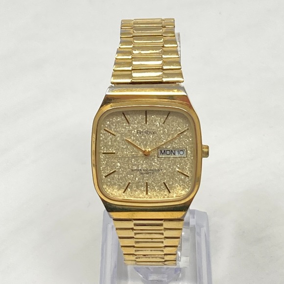 Vtg Armitron Watch Men 30mm Gold Tone Day Date Glitter Stretch Band New Battery - Picture 3 of 15
